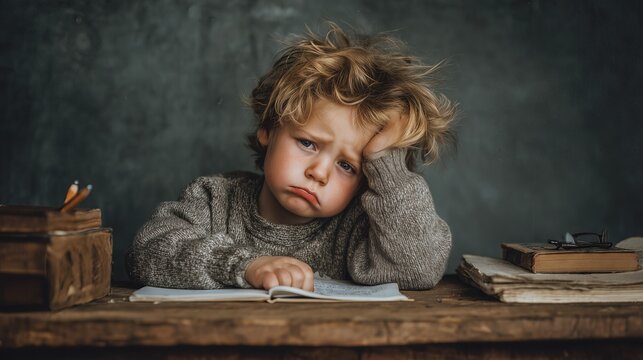 Tired child resting head on hand at a desk with books, showing boredom and study fatigue.