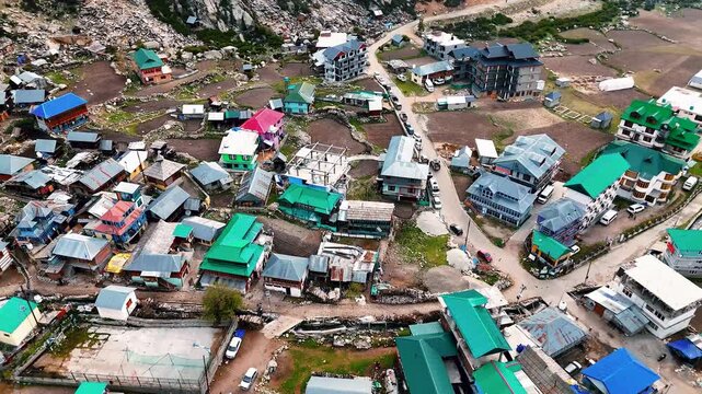 High Angle Aerial of Chitkul Village Houses and Surrounding Mountains