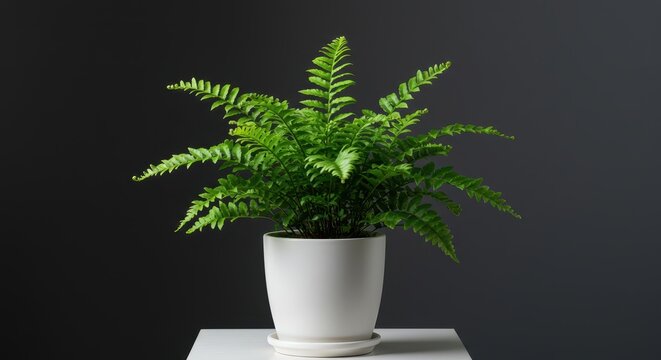 Lush, vibrant green Boston fern houseplant displayed indoors in a minimalist white ceramic flowerpot, emphasizing natural beauty and health, green, planter, decoration