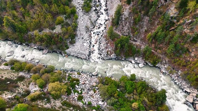 Aerial View of Baspa River Surrounded by Autumn Forests in Chitkul