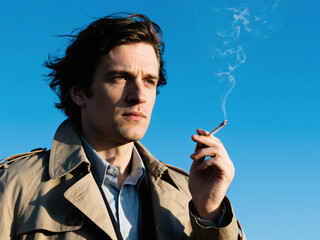 Man Smoking Alone Under Clean Blue Sky