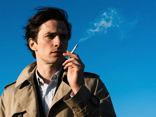 Man Smoking Alone Under Clean Blue Sky