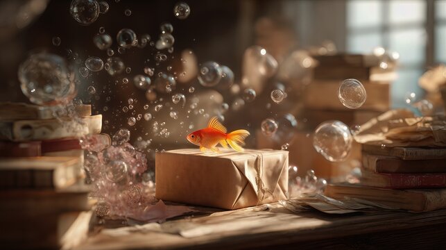 Goldfish floating above wrapped gift box among books, dreamy surreal scene blending imagination and storytelling.