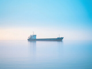 Ship on Ocean with Clean Blue Sky and Empty Space
