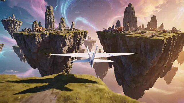 A plane flying above the floating land and city in the sky with a colorful background