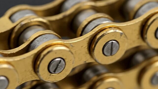 A captivating macro close-up reveals the intricate details of a golden-colored metal chain. Each link and roller showcases precision engineering and robust mechanical construction, gleaming with a met