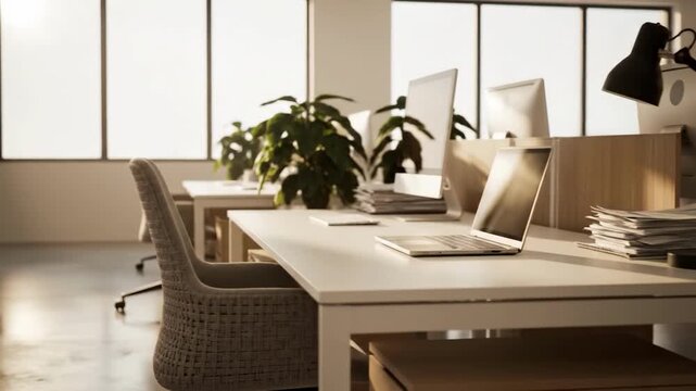 Serene and professional modern office environment with ample natural light streaming in through large windows.
