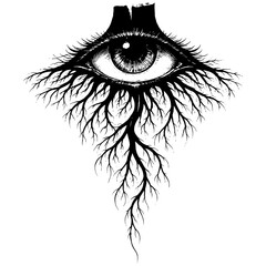 Obraz premium All Seeing Eye with Roots Illustration Black White Symbolic Vision Nature Concept Engraving Style Art for Posters Tattoos Wall Decor