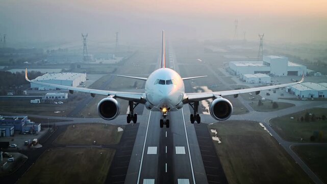 Landing of aero on runway during sunset near airport in the evening sky