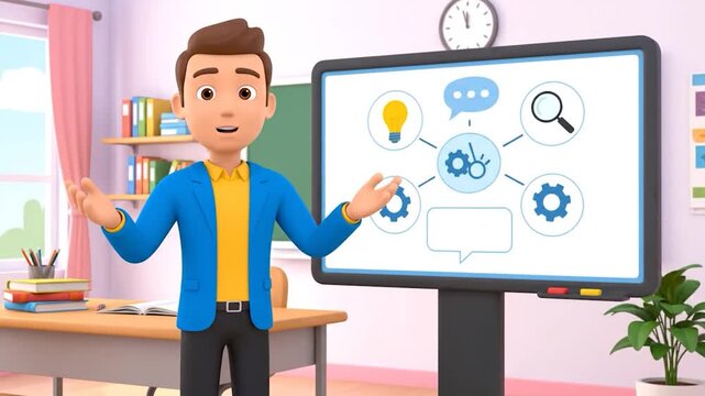 Cartoon teacher presents a mind map on a digital whiteboard in a classroom setting