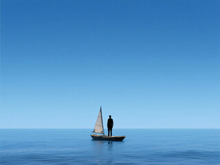 Ship on Ocean with Clean Blue Sky and Empty Space