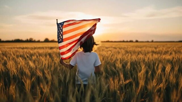 Young Child Holding American Flag in Golden Wheat Field During Sunset Celebrating Patriotism and Freedom