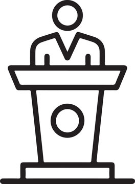 A person giving a speech or presentation from behind a lectern or podium