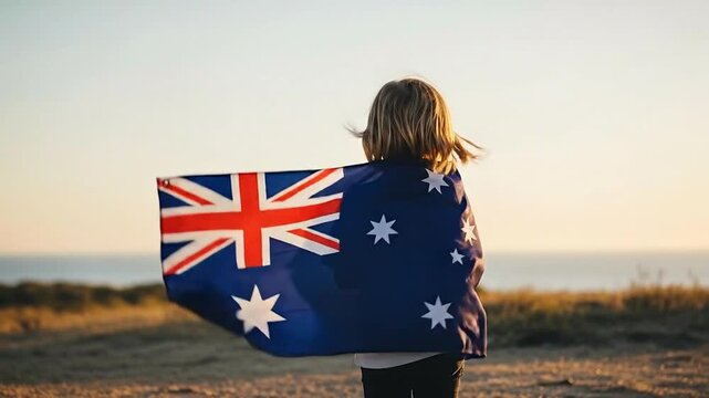 Young woman standing on open field holding Australian flag during sunset capturing patriotic moments
