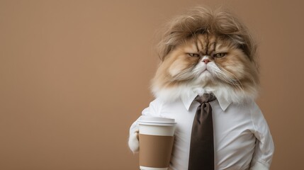 Survive the Monday morning slump: a grumpy, sleepy long-haired cat dressed as an office manager in a white shirt and tie holding a coffee cup, ideal for corporate humor and workplace stress ads. © Andrii