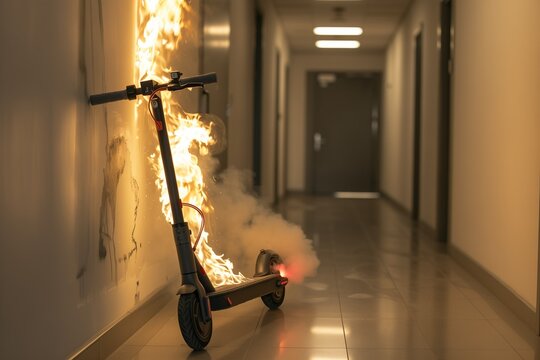 Prevent a lithium-ion disaster: an electric scooter battery bursts into flames and thick smoke inside a residential hallway, perfect for fire safety, insurance, and hazard awareness campaigns.