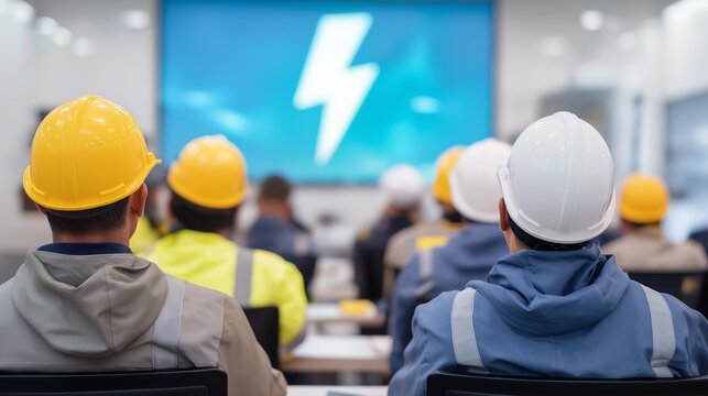 Powering the future: a rear view of energy sector engineers in hard hats attending a seminar with a lightning bolt presentation, perfect for electrical grid, utility company, and innovation reports.