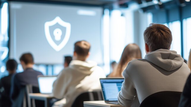 Master the digital defense: IT professionals attend a cybersecurity conference with focus on data protection and network security, perfect for educational, tech training, and corporate safety content.