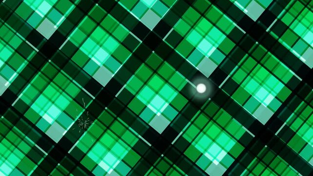A mesmerizing green tartan pattern with moire effect, dynamic visuals, and abstract geometry, viewed from directly above, showcasing vibrant colors