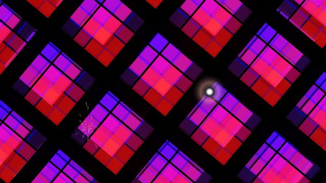 Vibrant geometric pattern with motion, tartan, moire, squares, and a glowing center, creating a mesmerizing visual effect in 4K resolution.
