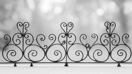 Ornate black ironwork with delicate scrolls against a blurred light background