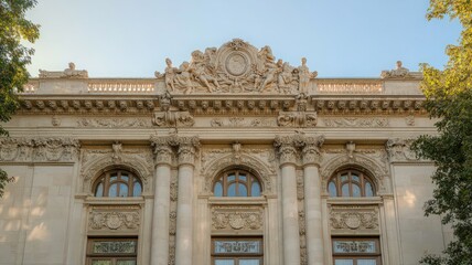 Obraz premium Grand Opera House Facade with Intricate Sculptures Bathed in Soft Natural Light Against Blue Sky