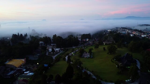 Aerial View of Berastagi Road in a Peaceful Morning