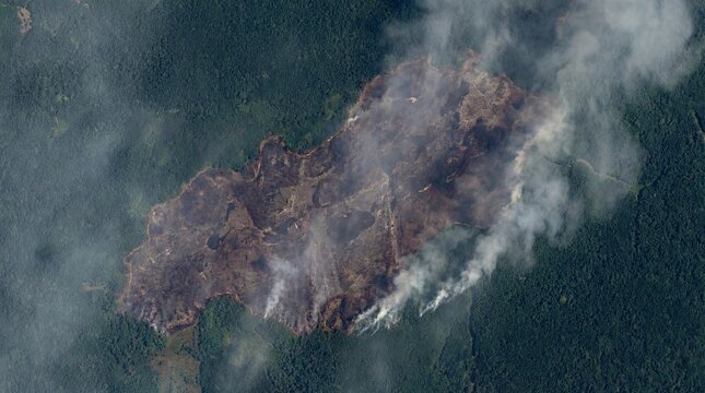 Satellite view of tropical rainforest deforestation and wildfire smoke, representing environmental crisis and land clearing concepts.
