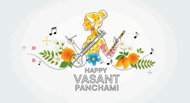 Illustration of Goddess Saraswati with musical notes and flowers celebrating Happy Vasant Panchami in a vibrant, blooming Hindu festival scene with Indian culture elements.
