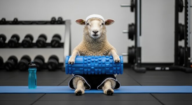 Sheep Doing Yoga with Foam Roller