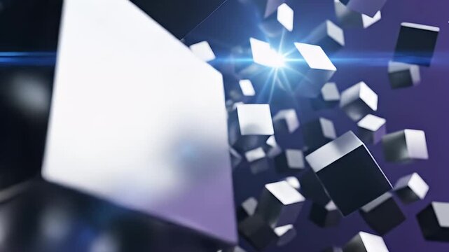 Abstract dark cubes floating in purple digital space with light