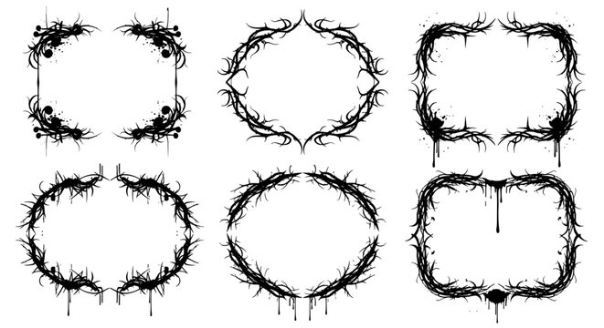 Set of six dark gothic thorny and organic abstract decorative frames and borders with a distressed drippy and textured grunge