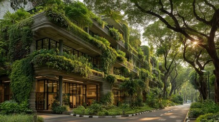 Obraz premium Green Urban Architecture with Lush Vertical Gardens and Golden Sunlight generated by AI