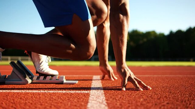 Close-up of a sprinter at the starting line, ready to race on a red track
