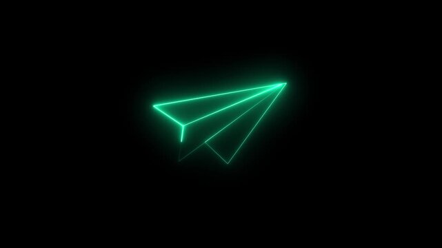 High impact purple neon paper rocket icon with dark background. Stunning glowing neon paper plane icon Neon line glowing neon simple rocket icon.Business success concept. One line drawing. glowing.4k
