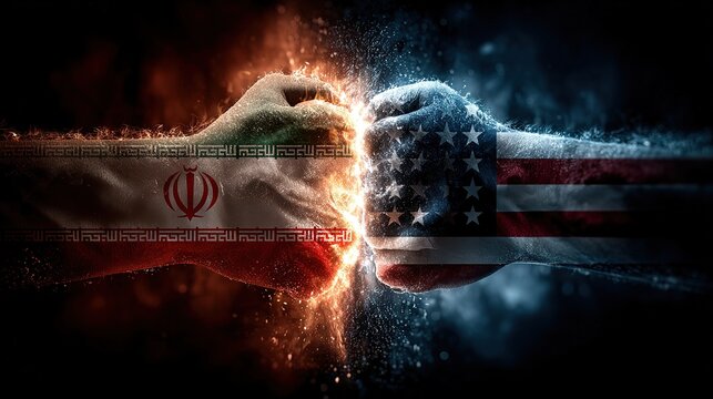 Flags of USA and Iran painted on two fists on sky background. United States of America versus Iran trade war disputes concept. Sanctions policy