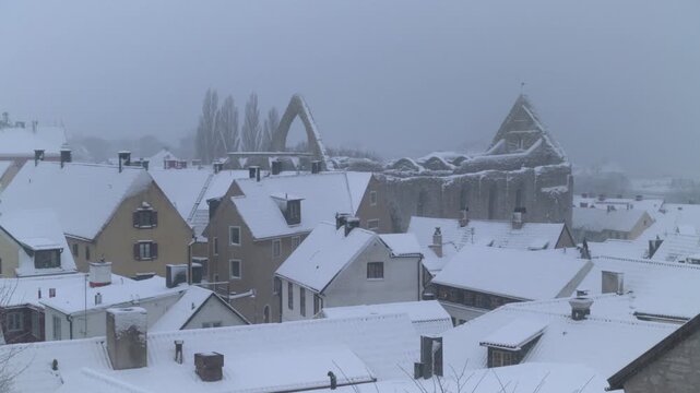 Snowy rooftops of Visby Old Town and St Karin&rsquo;s Ruin in winter, Gotland