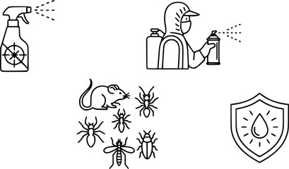 Pest control line icon set featuring insects, spray bottle, exterminator worker, rodents, ant, spider, mosquito, cockroach, and disinfectant protection symbols for professional services