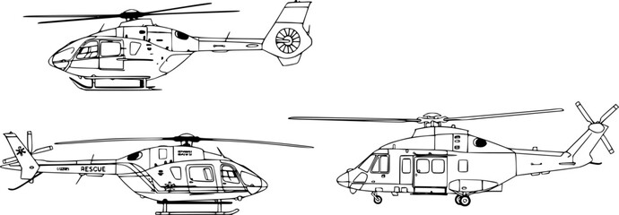Fototapeta premium Helicopter vector set featuring modern civil and emergency aviation aircraft in line art style for transportation, flight school, and rescue service graphic design.