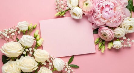 Flowers and blank card on pink background