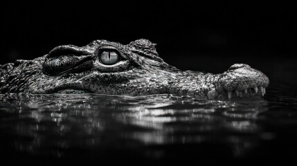 Obraz premium Alligator emerges from water, scales gleaming in grayscale