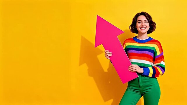 Woman holding pink arrow against yellow background