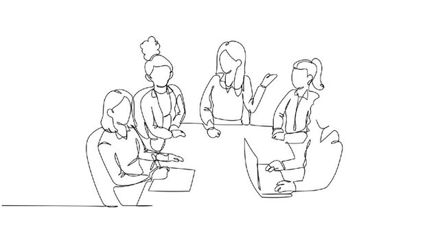 Animated self drawing of continuous line draw five women engaged in a strategic conference. Central figure lead conversation while colleagues focus on laptops and notes. Full length one line animation