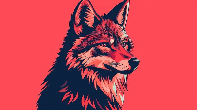 Profile view of a stylized wolf portrait against a vibrant red background. Possible use for animal print, graphic design, or digital art