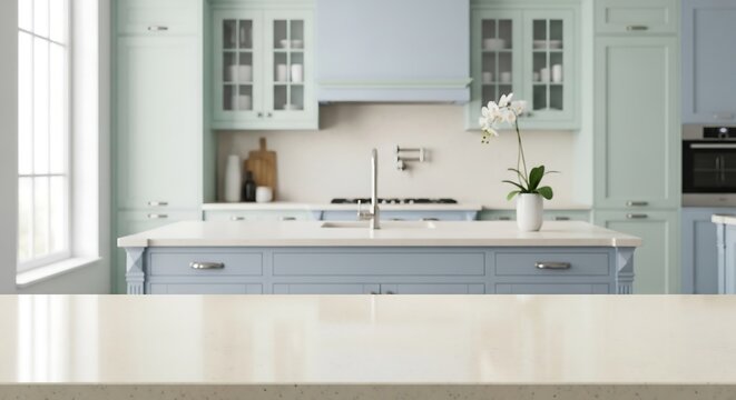 Natural oak kitchen tabletop with taupe minimalist kitchen background and warm LED accents, interior surface photography, for modern kitchen branding and lifestyle product display