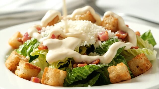 Close-up of Caesar salad on white plate with dressing being poured over