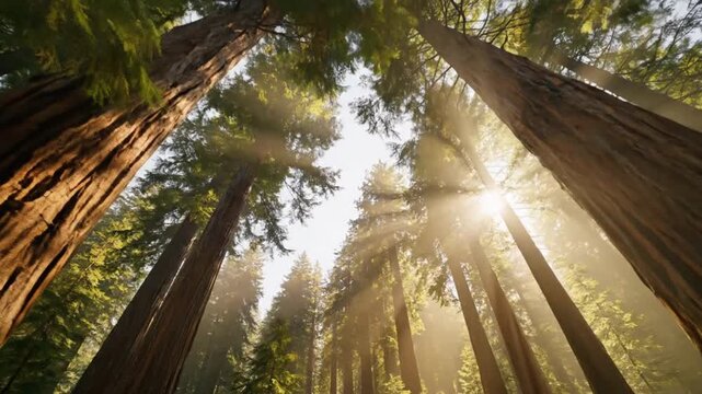 Sunlight filters through towering trees in a serene forest, viewed from below, with majestic trunks and lush foliage