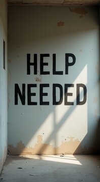 Sign that says help needed in a room