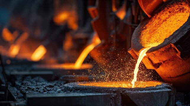 Steel industry molten steel pouring from blast furnace  on blurred background 