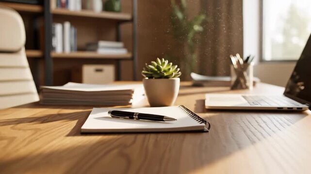 Serene, organized office setup with natural lighting, ideal for productivity and business focus.